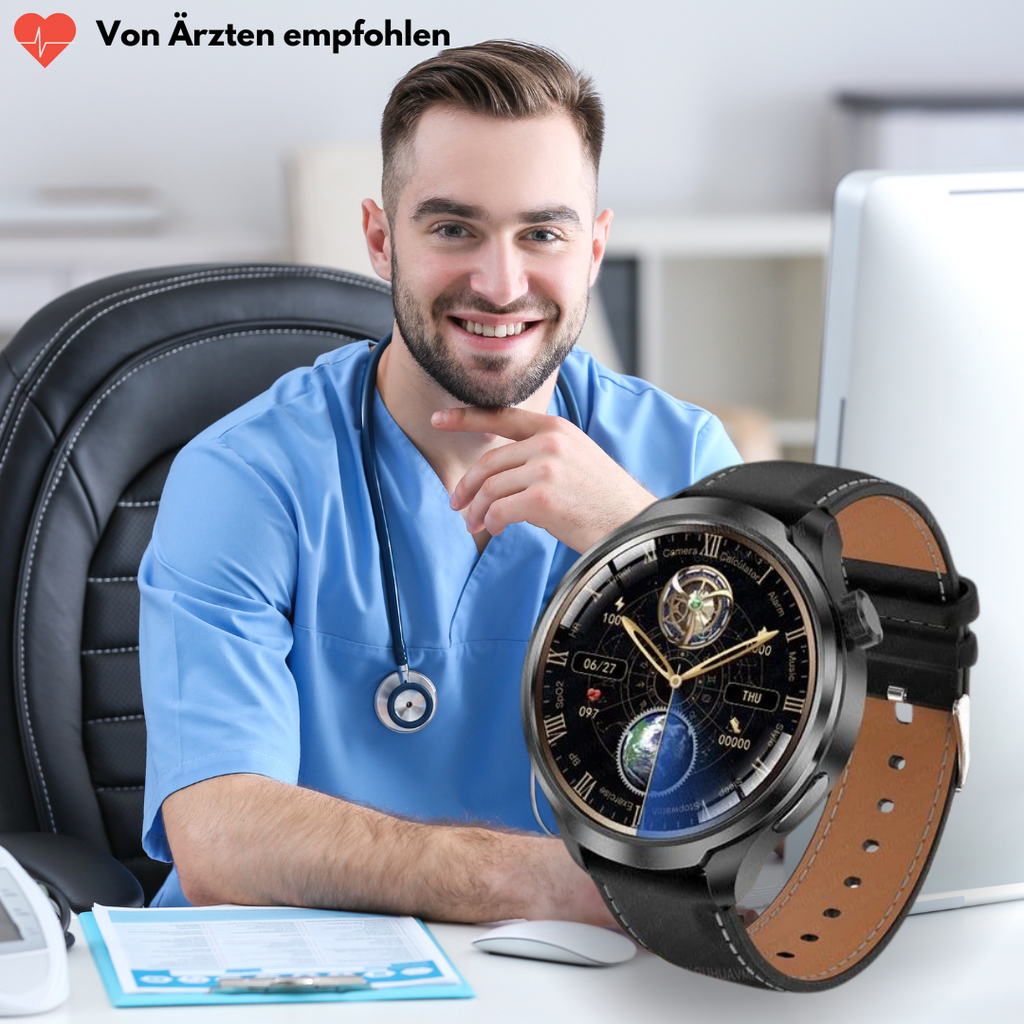 VitalSense Pro X - Gesundheits-Smartwatch mit Lederarmband (2025) - Sonderaktion 1+1 Gratis