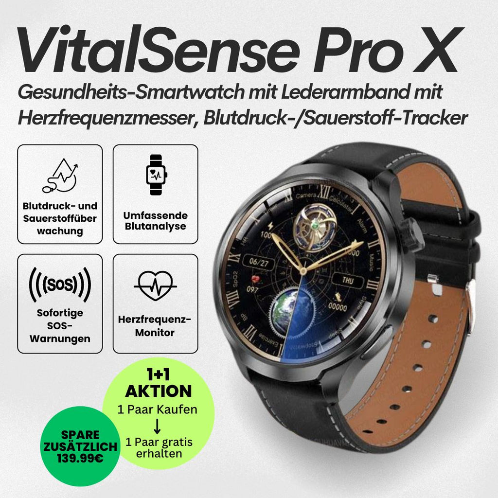 VitalSense Pro X - Gesundheits-Smartwatch mit Lederarmband (2025) - Sonderaktion 1+1 Gratis