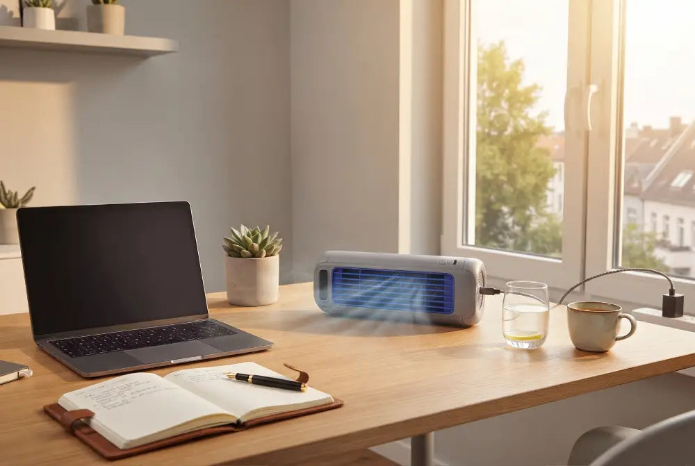 CORLADO ClimateX Akku-Ventilator auf einem Schreibtisch