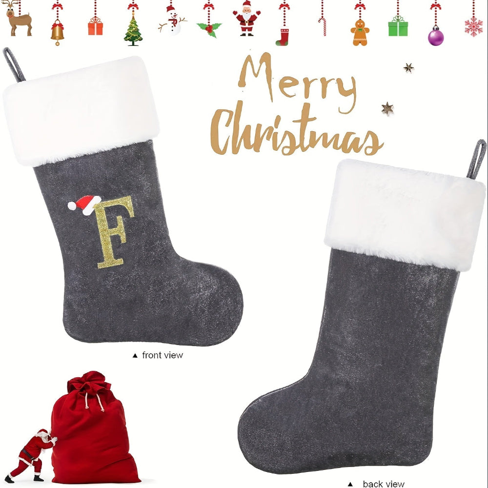 Weihnachtsstrümpfe, Samt, Monogramm Buchstabe Grau, Deko