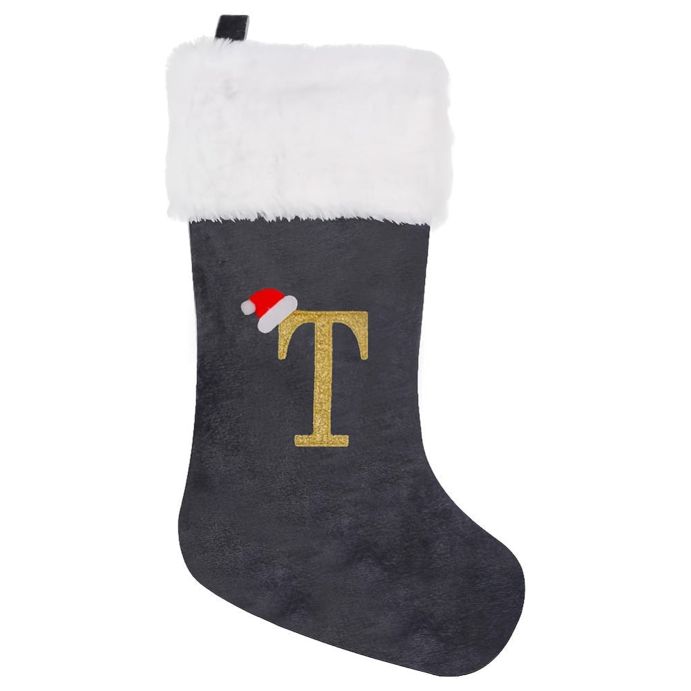 Weihnachtsstrümpfe, Samt, Monogramm Buchstabe Grau, Deko