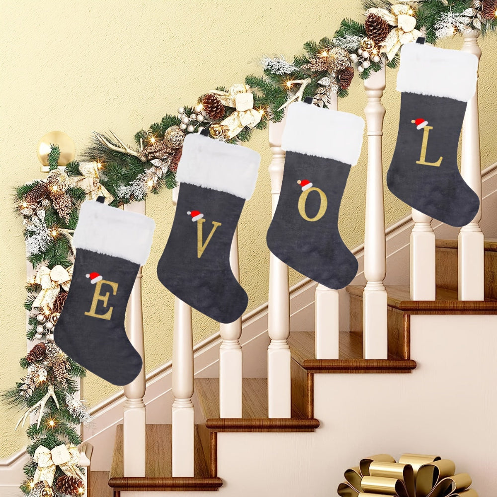 Weihnachtsstrümpfe, Samt, Monogramm Buchstabe Grau, Deko