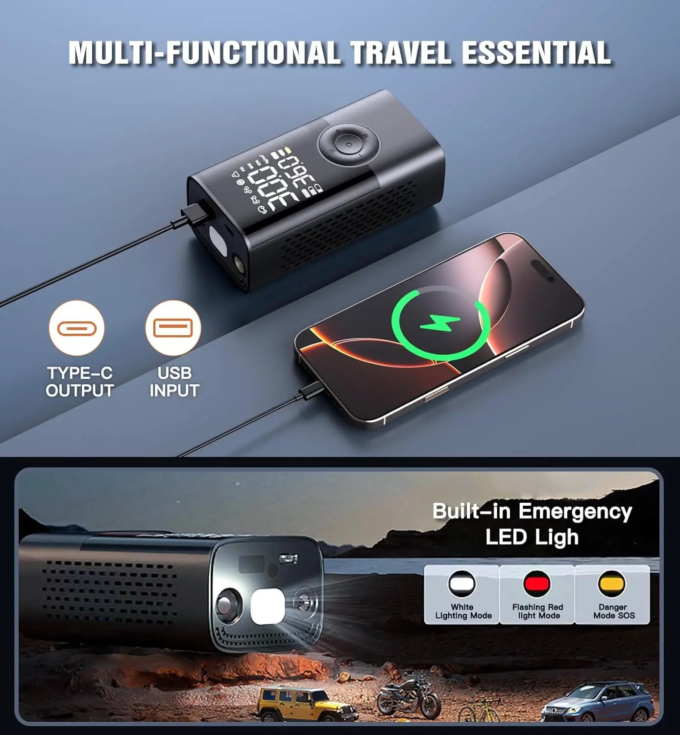 corlado™ Kabelloser Reifenfüllkompressor 150PSI, 4000mAh, LCD, USB-C