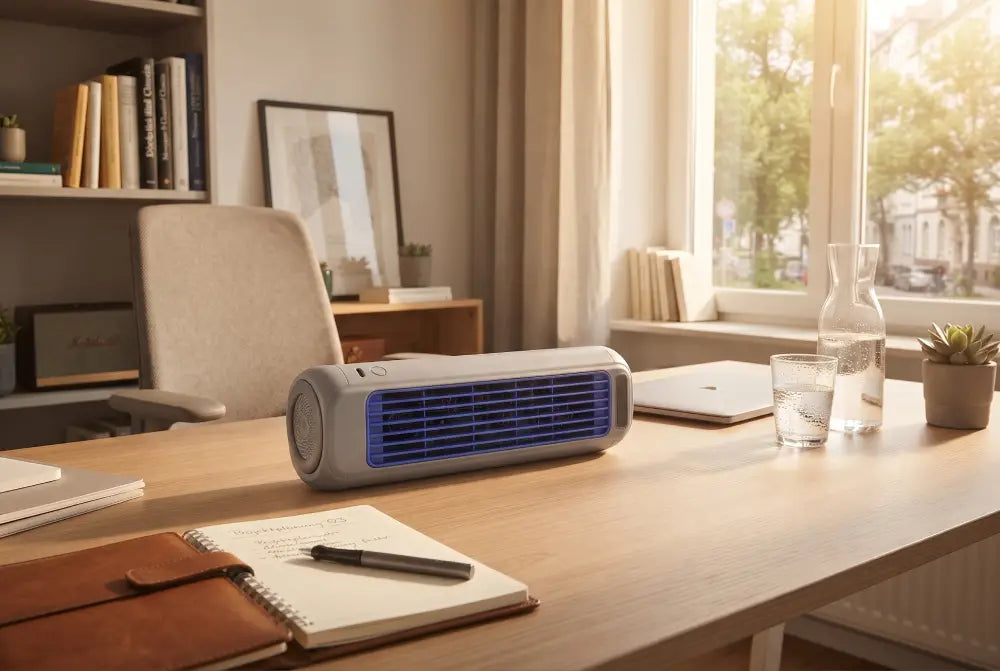 CORLADO Akku-Ventilator auf Schreibtisch oder Nachttisch
