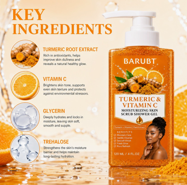 Kurkuma & Vitamin C Duschgel mit Peeling-Effekt, reichhaltiger Schaum